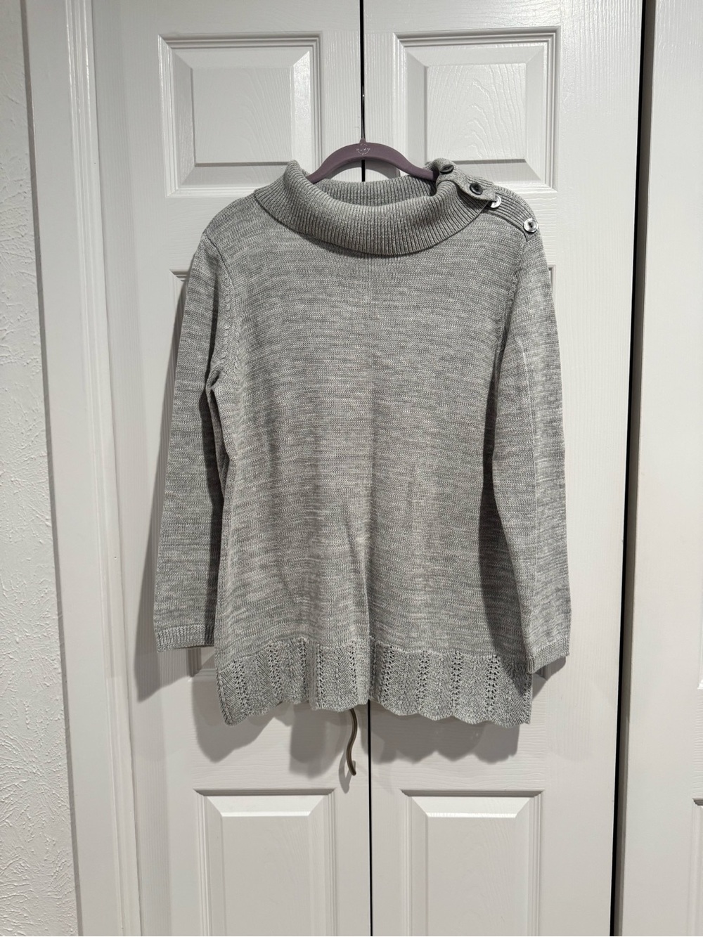 Coldwater Creek Light Gray Button-Shoulder Cowl Tunic Sweater